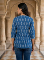 Blue Cotton Printed Peplum Top