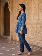 Blue Cotton Printed Peplum Top