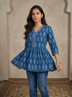 Blue Cotton Printed Peplum Top