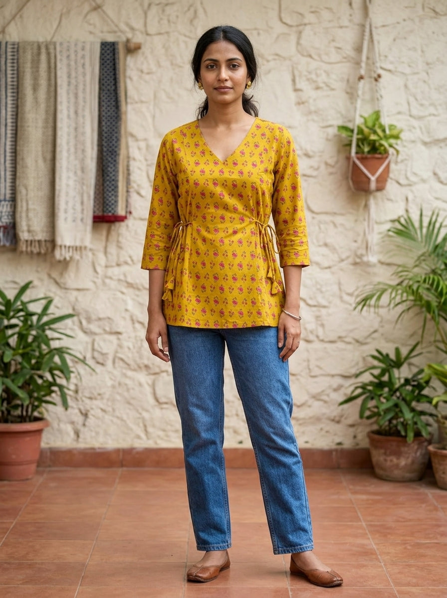 Mustard Floral Cotton Tie-Up Top Main image