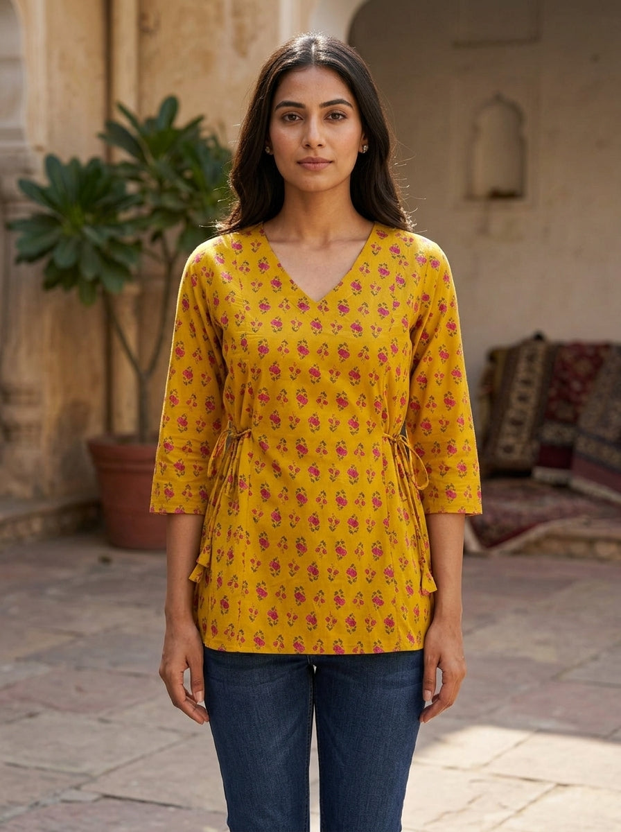 Mustard Floral Cotton Tie-Up Top Secondary image