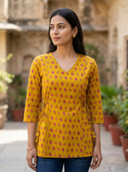 Mustard Floral Cotton Tie-Up Top