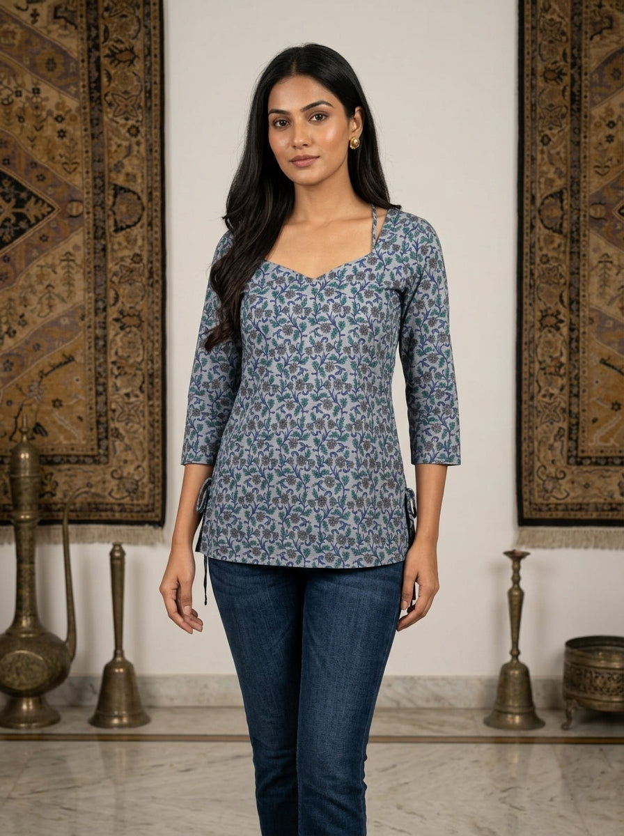 Grey Floral Cotton Sweetheart Neck Top Main image