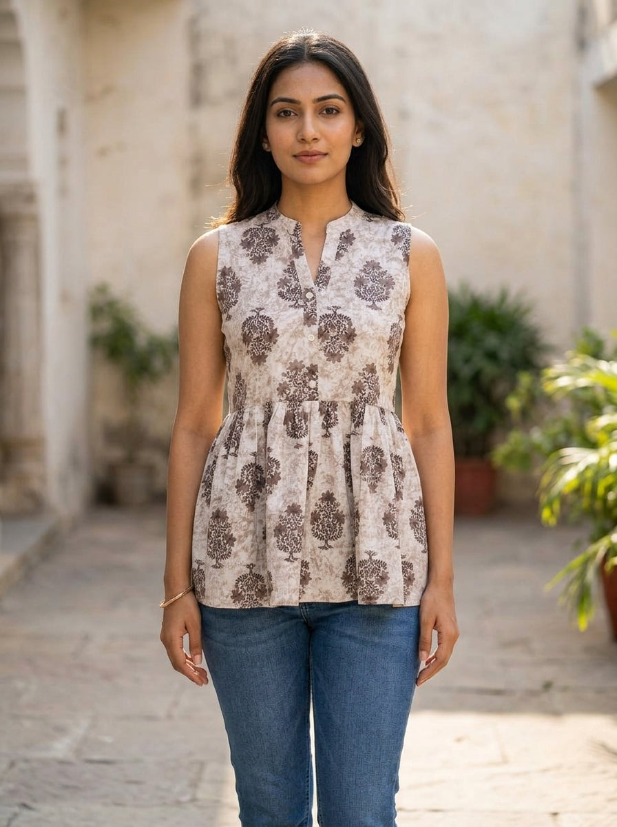 Beige Floral Cotton Sleeveless Peplum Top Secondary image