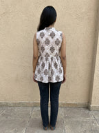 Beige Floral Cotton Sleeveless Peplum Top