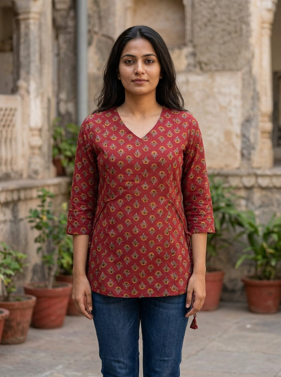 Maroon Printed Cotton V-Neck Top Main image