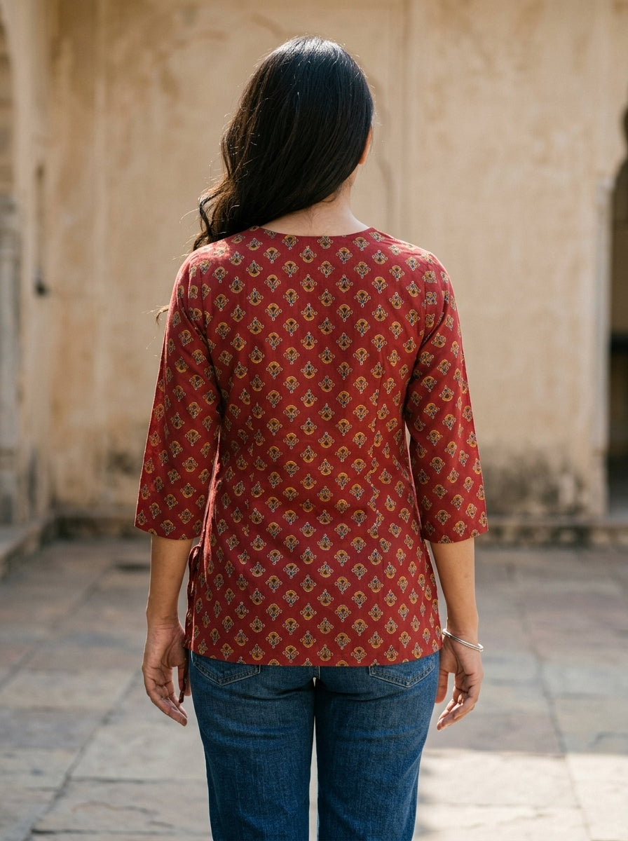 Maroon Printed Cotton V-Neck Top Secondary image