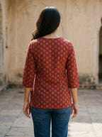 Maroon Printed Cotton V-Neck Top
