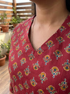 Maroon Printed Cotton V-Neck Top