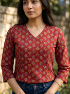 Maroon Printed Cotton V-Neck Top