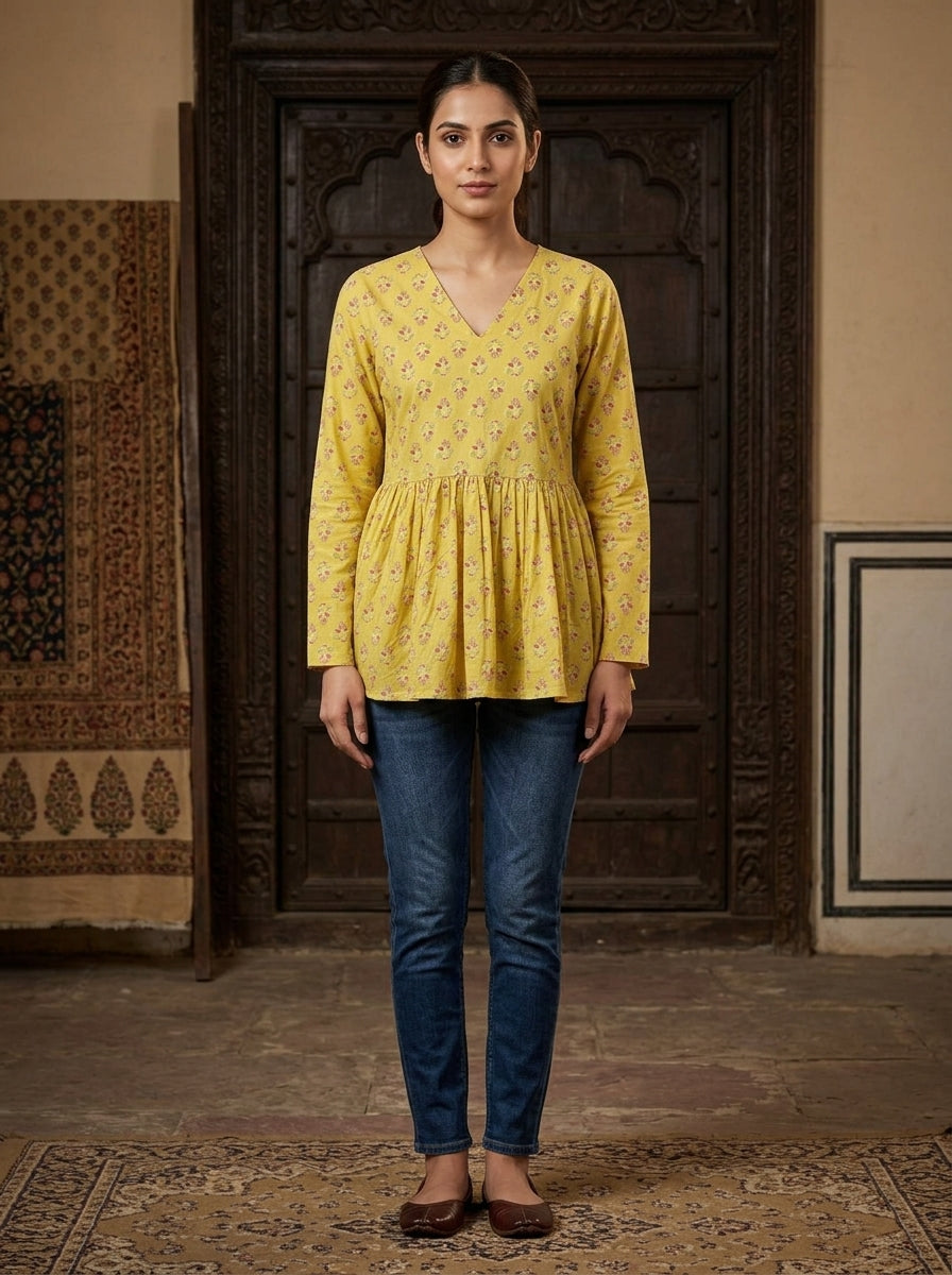 Yellow Floral Cotton Peplum Top Main image