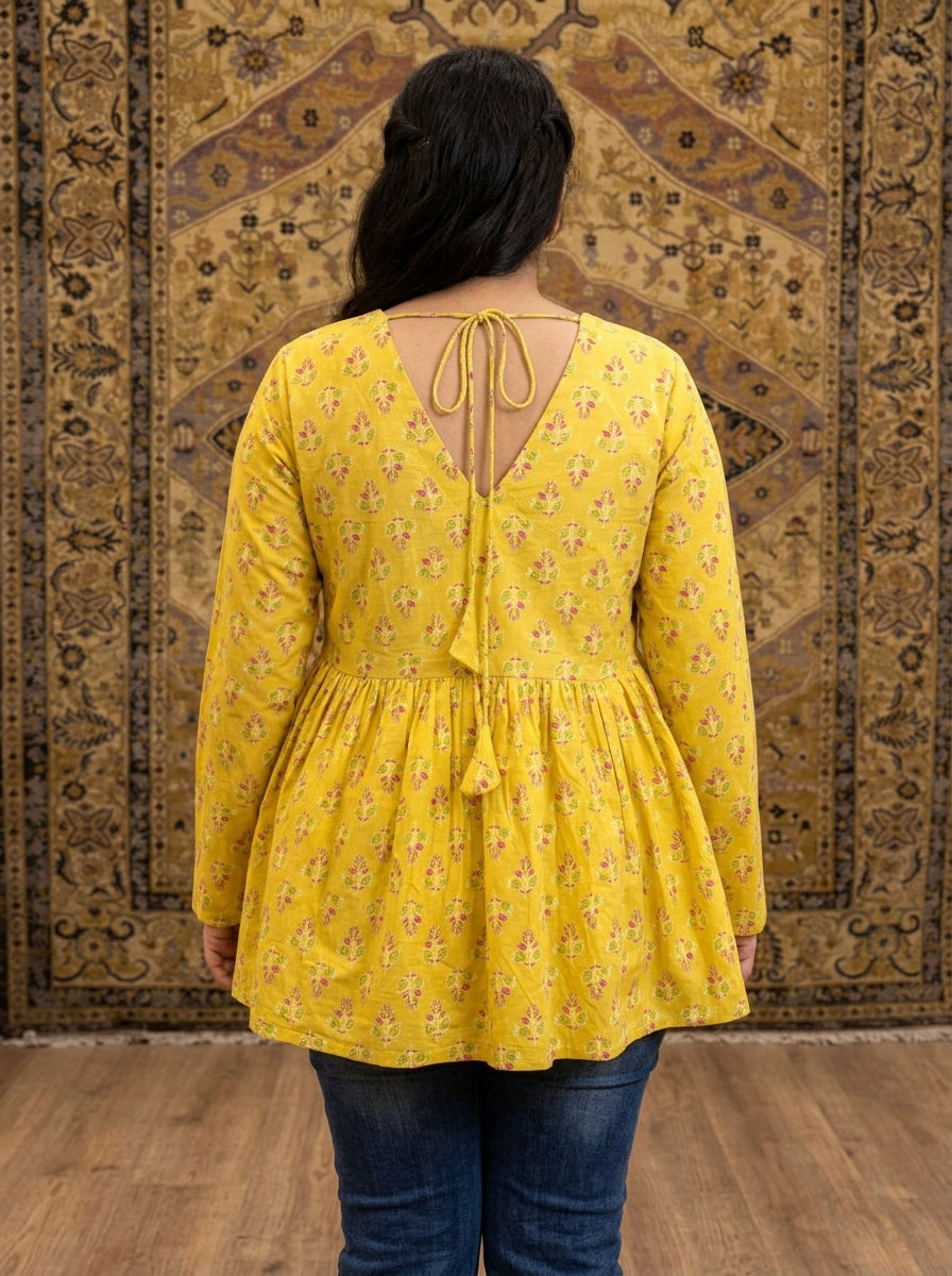 Yellow Floral Cotton Peplum Top Secondary image