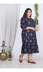Plus Size Blue Cotton Flared Frock Style-600001