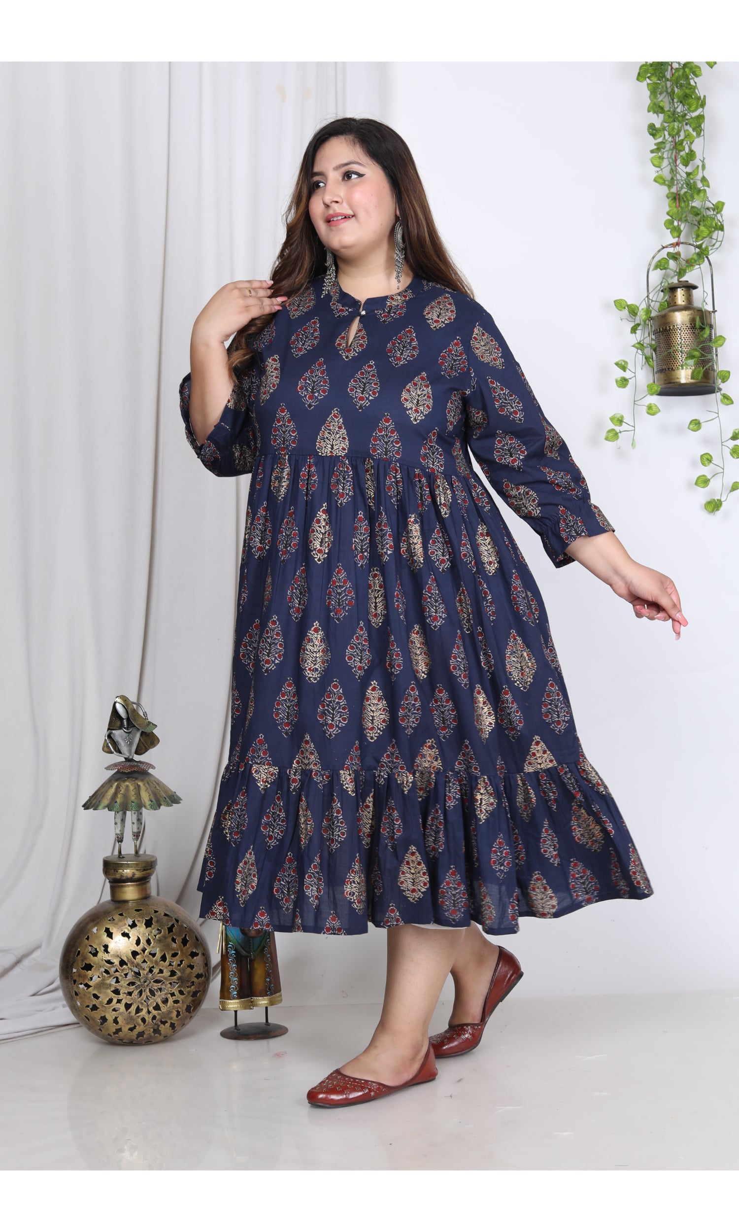Plus Size Blue Cotton Flared Frock Style-600001