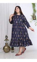 Plus Size Blue Cotton Flared Frock Style-600001