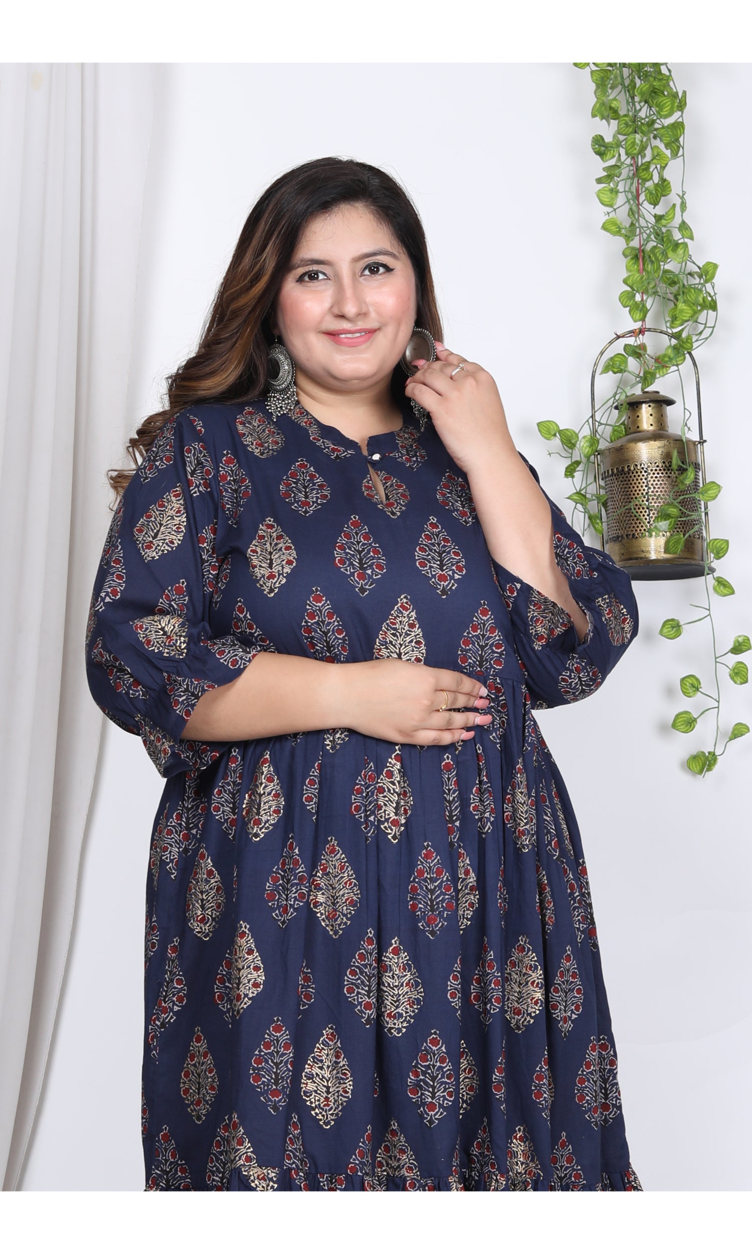 Plus Size Blue Cotton Flared Frock Style-600001