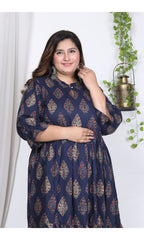 Plus Size Blue Cotton Flared Frock Style-600001