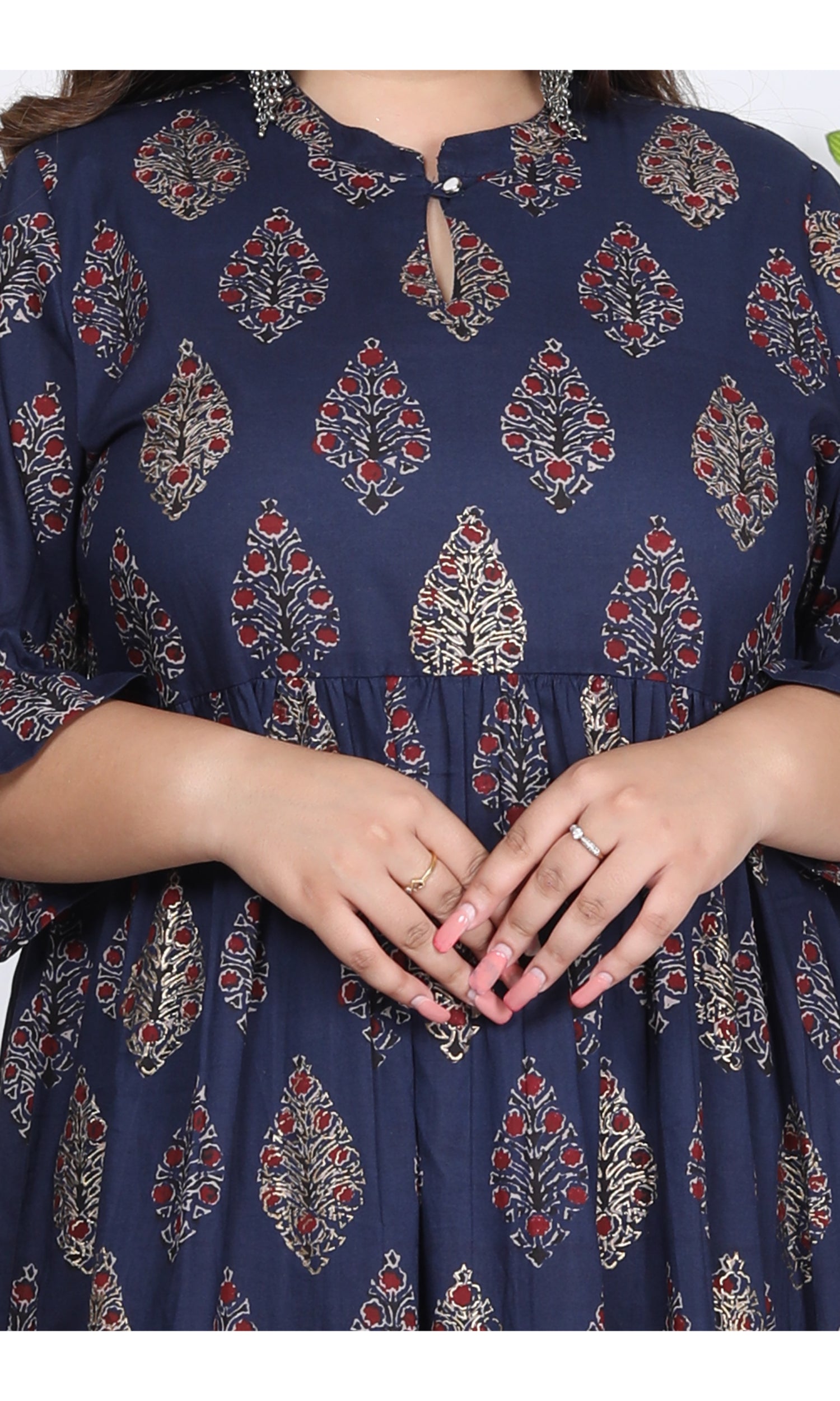 Plus Size Blue Cotton Flared Frock Style-600001