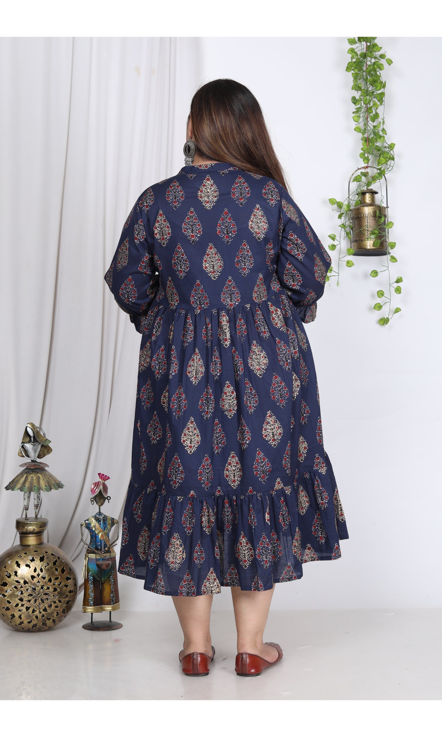Plus Size Blue Cotton Flared Frock Style-600001