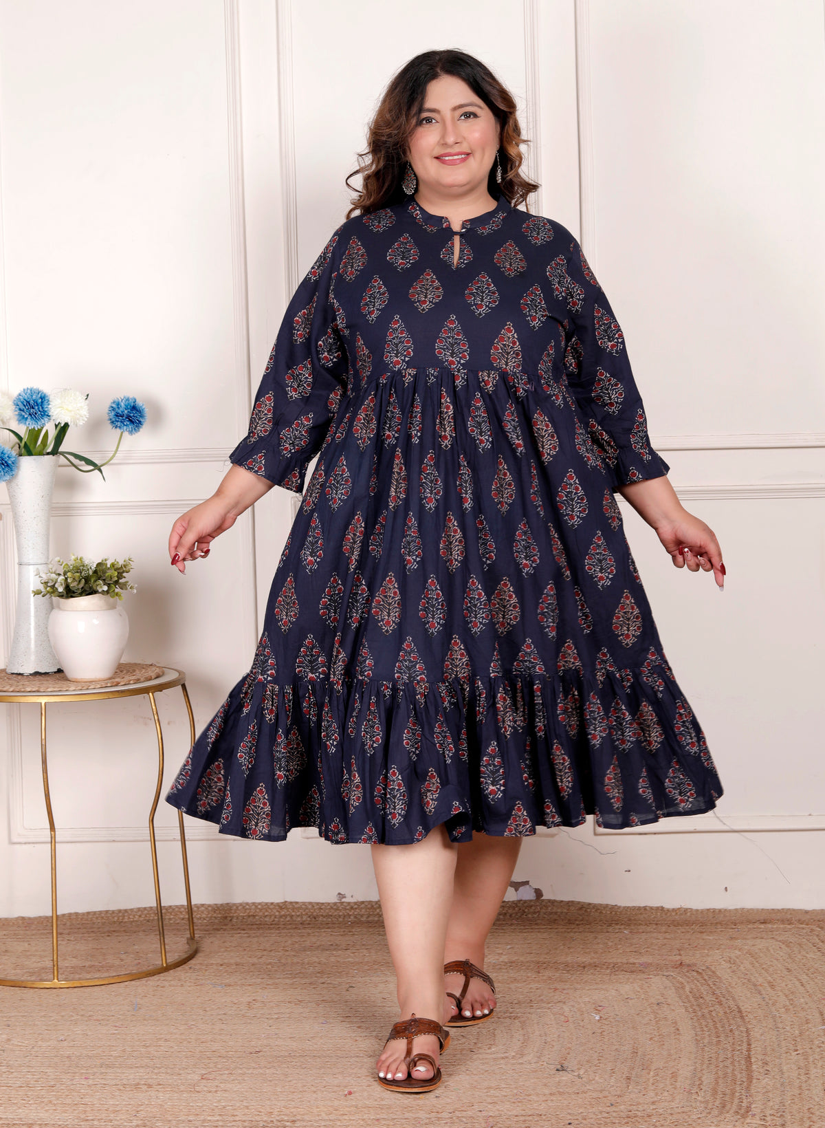 Plus Size Blue Cotton Flared Frock Style-600001