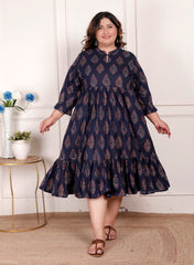 Plus Size Blue Cotton Flared Frock Style-600001