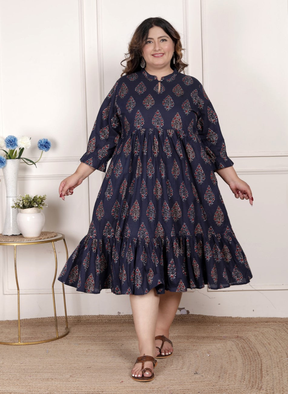 Plus Size Blue Cotton Flared Frock Style-600001
