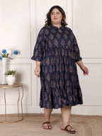 Plus Size Blue Cotton Flared Frock Style-600001