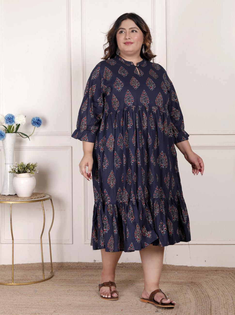 Plus Size Blue Cotton Flared Frock Style-600001