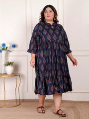 Plus Size Blue Cotton Flared Frock Style-600001