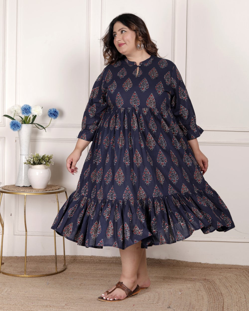 Plus Size Blue Cotton Flared Frock Style-600001