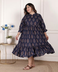 Plus Size Blue Cotton Flared Frock Style-600001