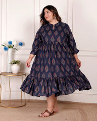 Plus Size Blue Cotton Flared Frock Style-600001