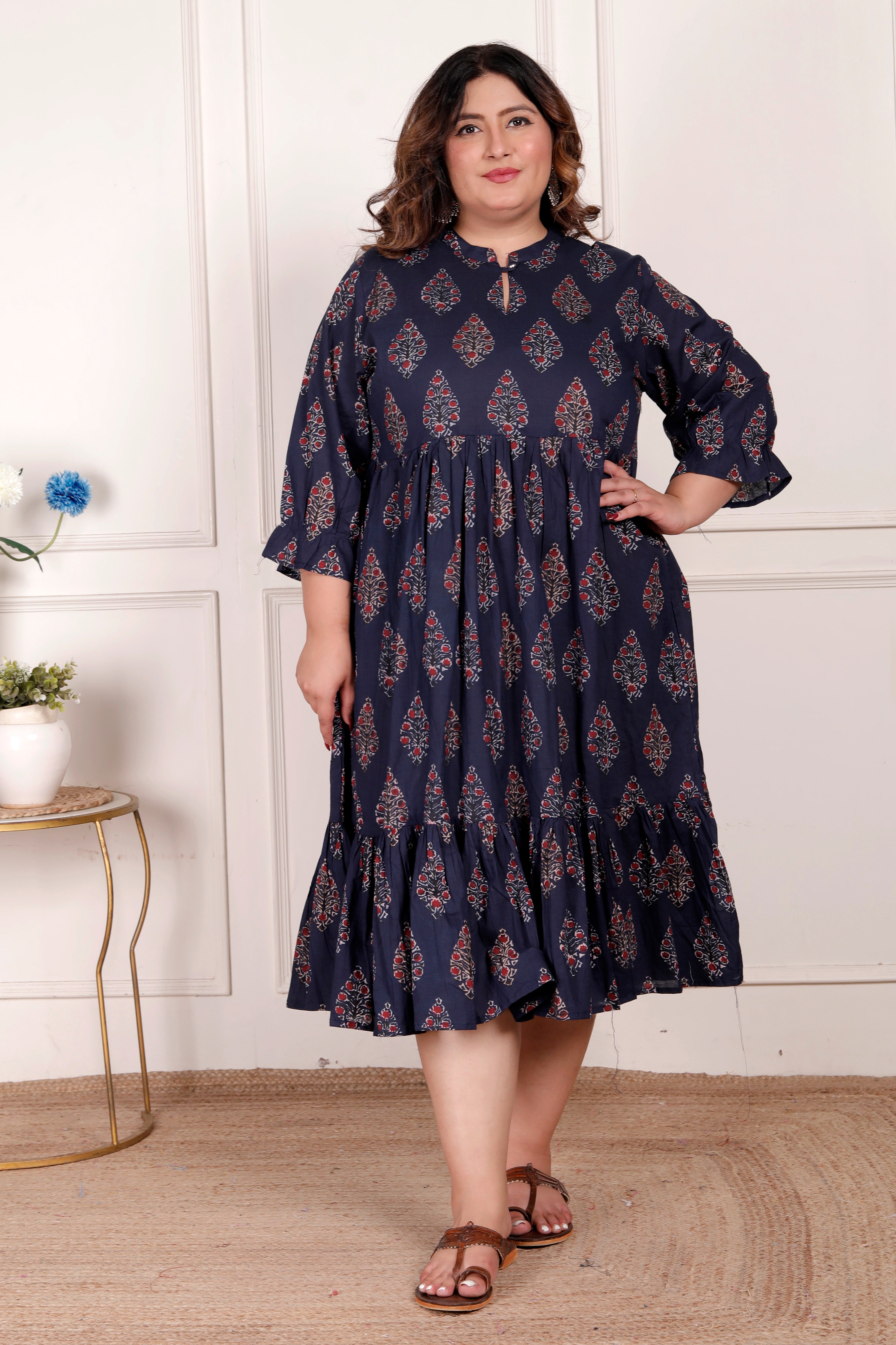 Plus Size Blue Cotton Flared Frock Style-600001