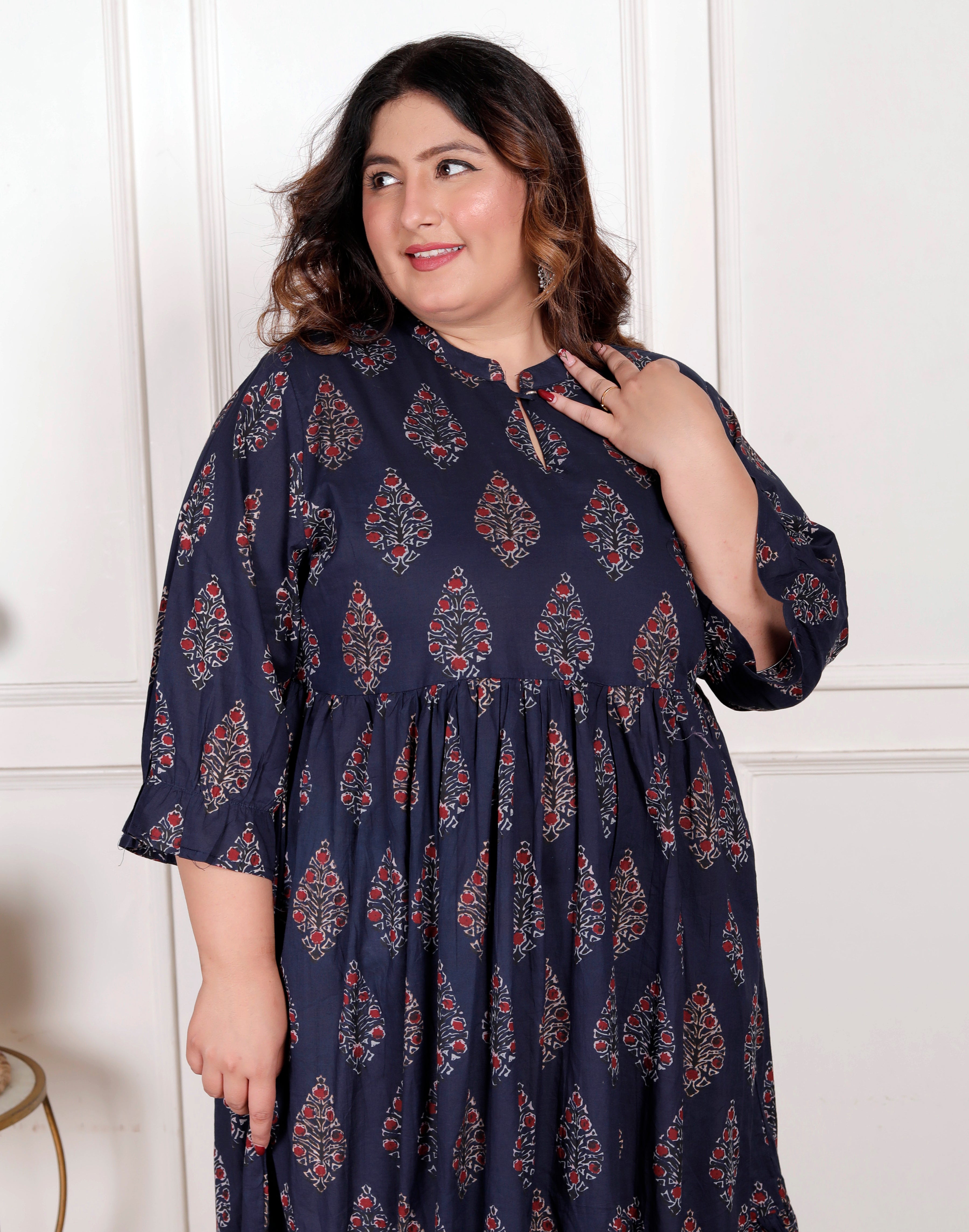 Plus Size Blue Cotton Flared Frock Style-600001