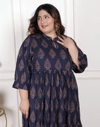 Plus Size Blue Cotton Flared Frock Style-600001