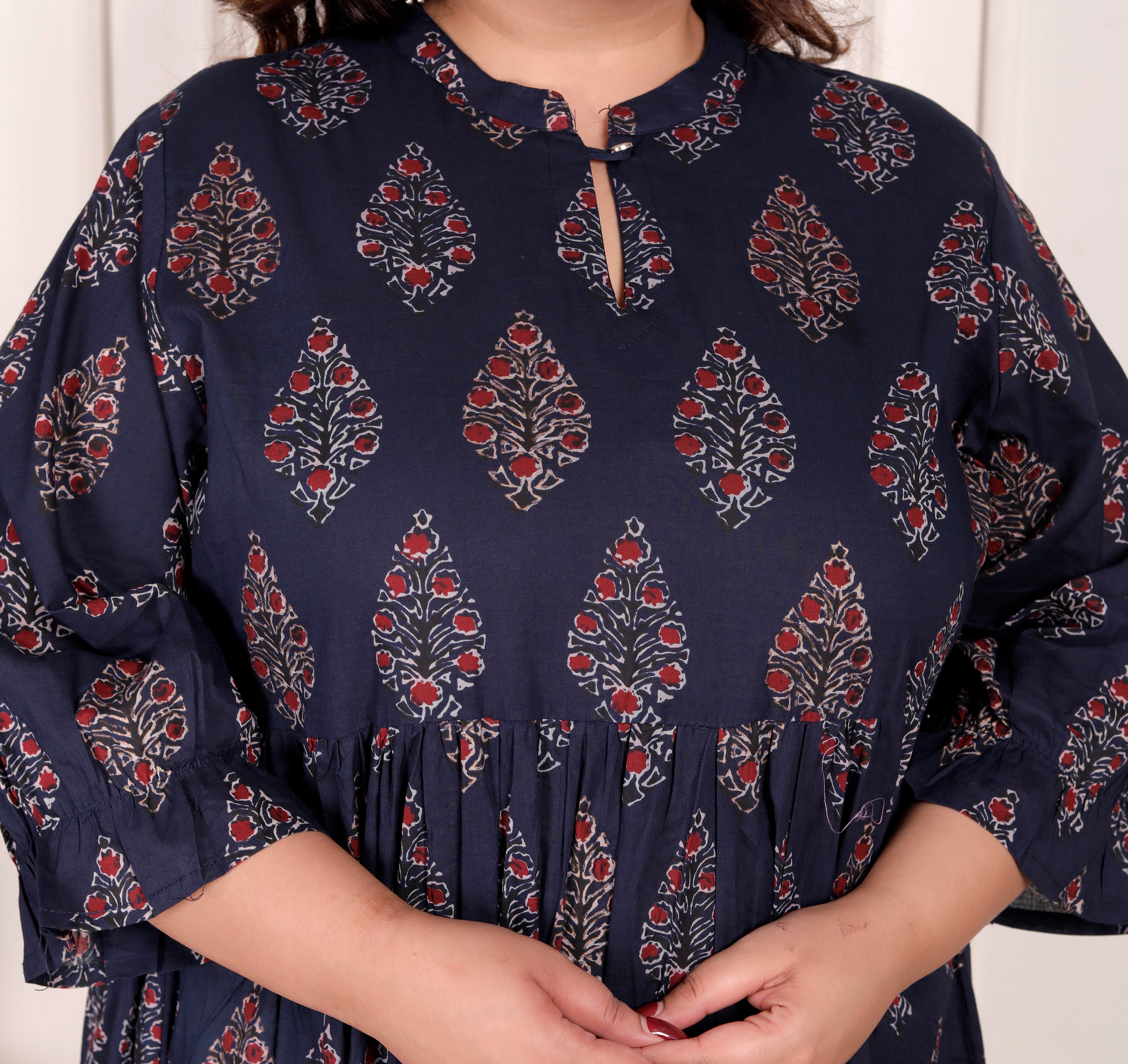 Plus Size Blue Cotton Flared Frock Style-600001