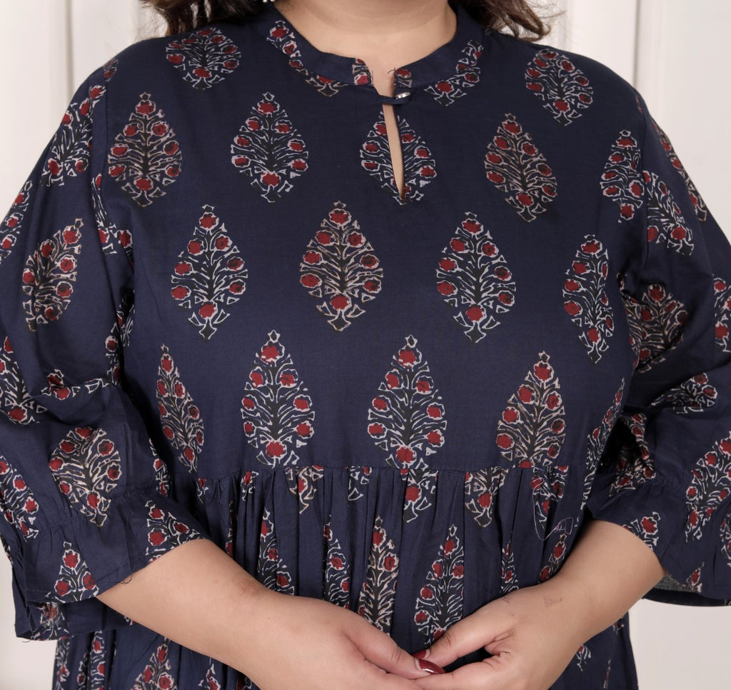 Plus Size Blue Cotton Flared Frock Style-600001