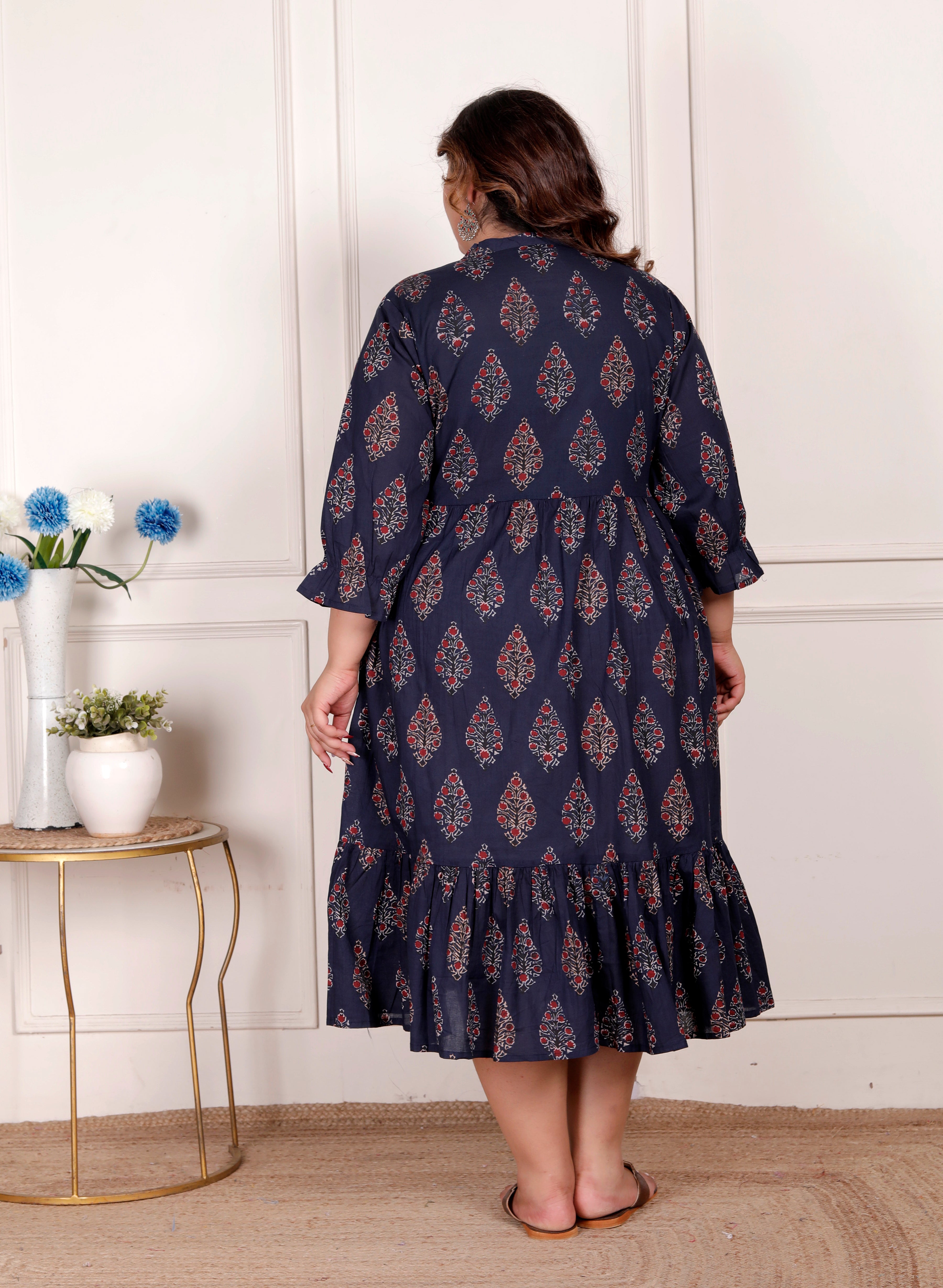 Plus Size Blue Cotton Flared Frock Style-600001