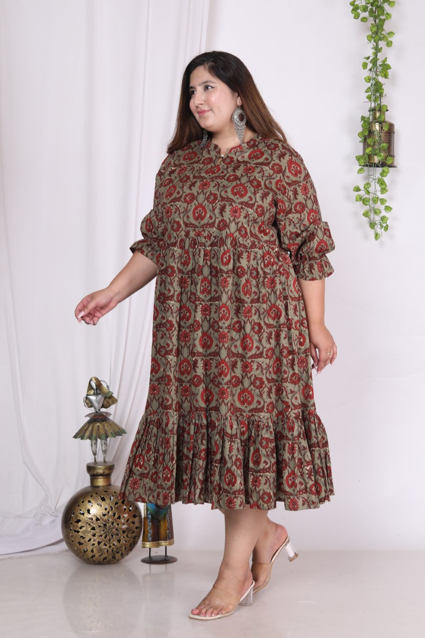 Plus Size Rust Cotton Flared Frock Style-600002
