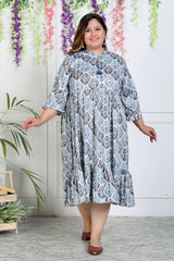 Plus Size Blue Cotton Blend Flared Frock Style-600004