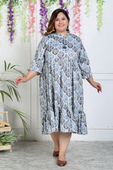 Plus Size Blue Cotton Blend Flared Frock Style-600004