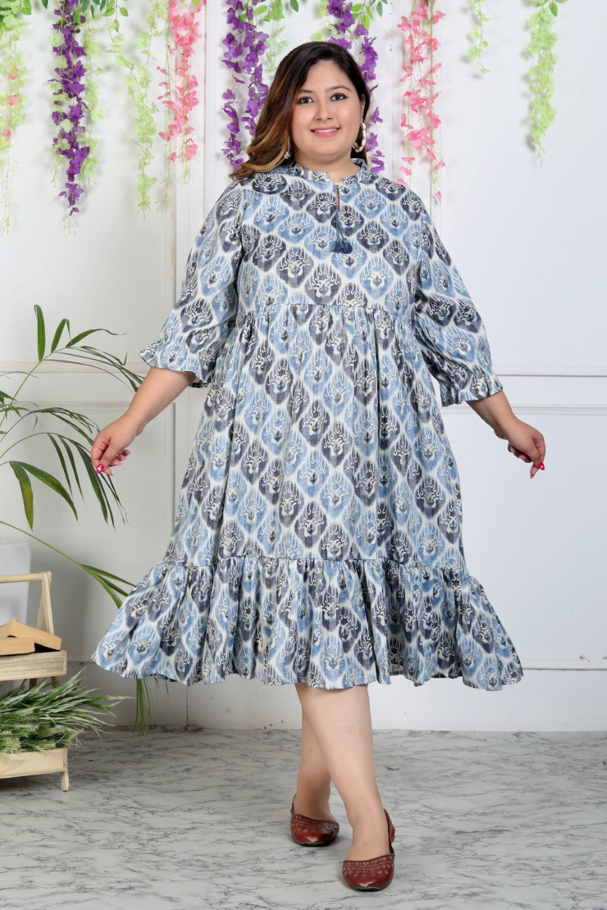 Plus Size Blue Cotton Blend Flared Frock Style-600004