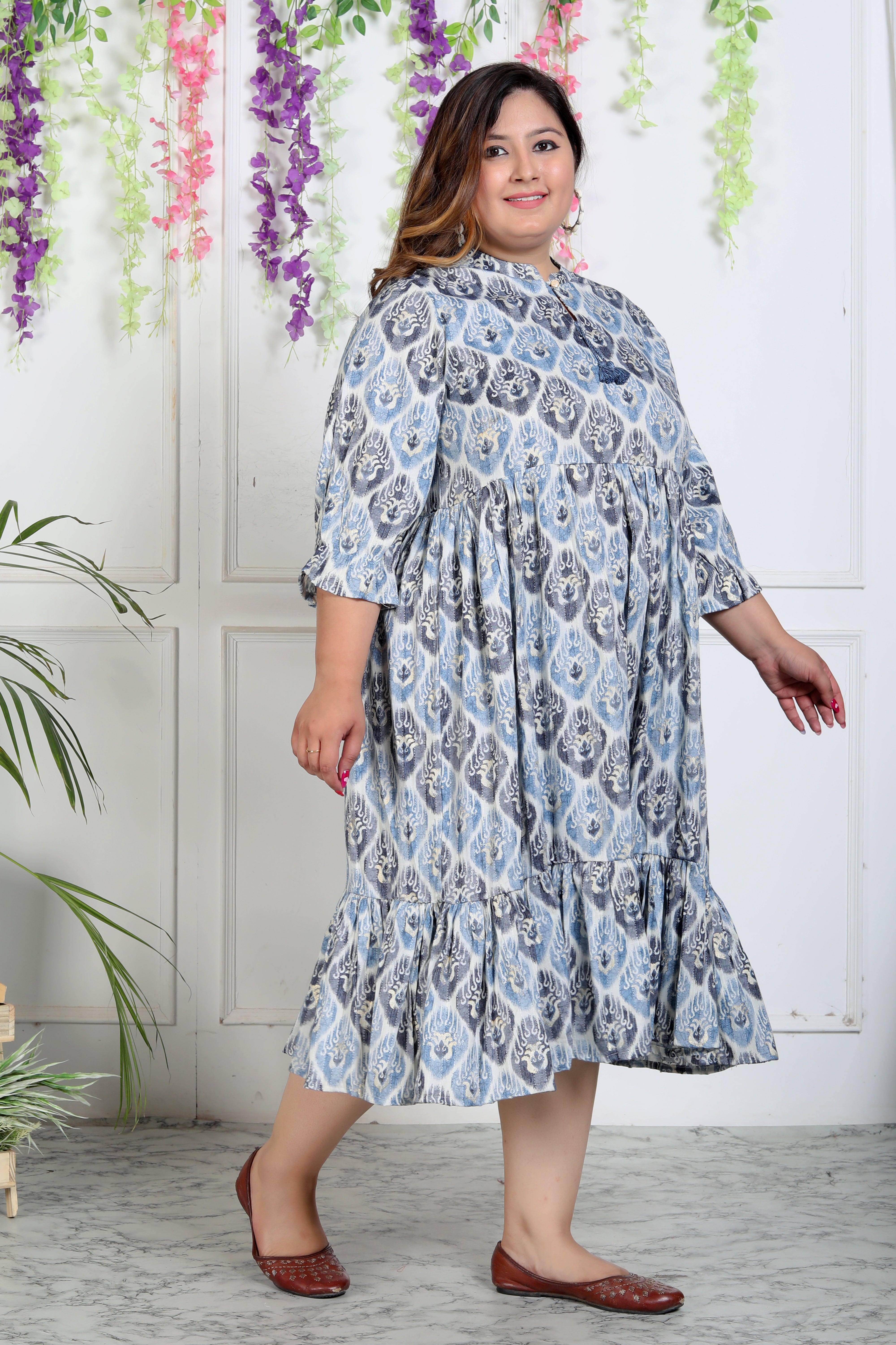 Plus Size Blue Cotton Blend Flared Frock Style-600004