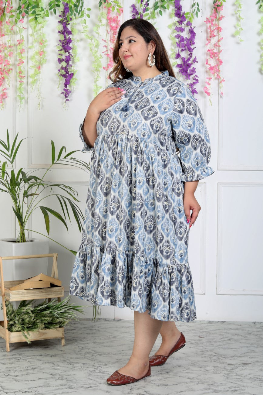 Plus Size Blue Cotton Blend Flared Frock Style-600004