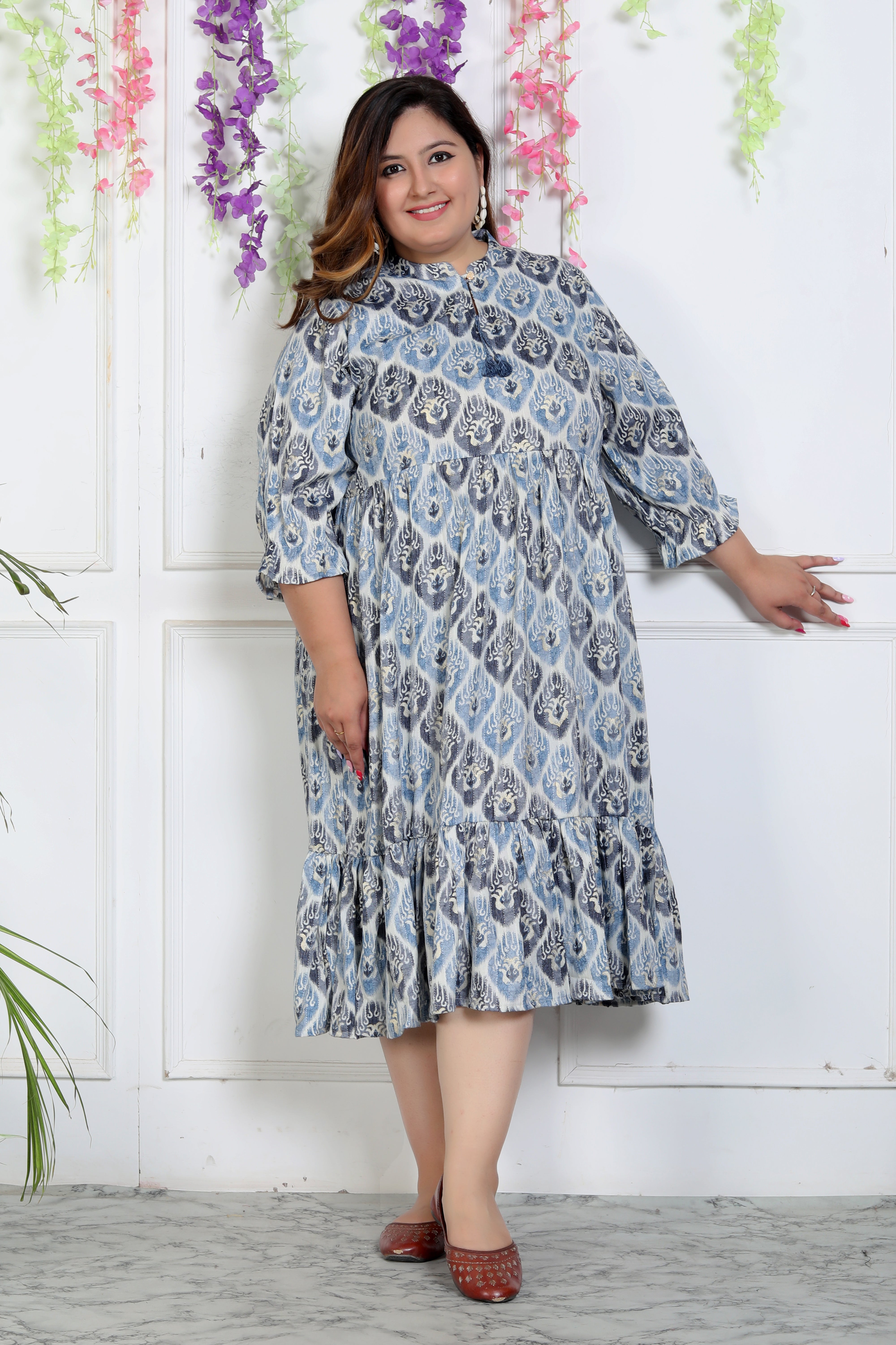 Plus Size Blue Cotton Blend Flared Frock Style-600004