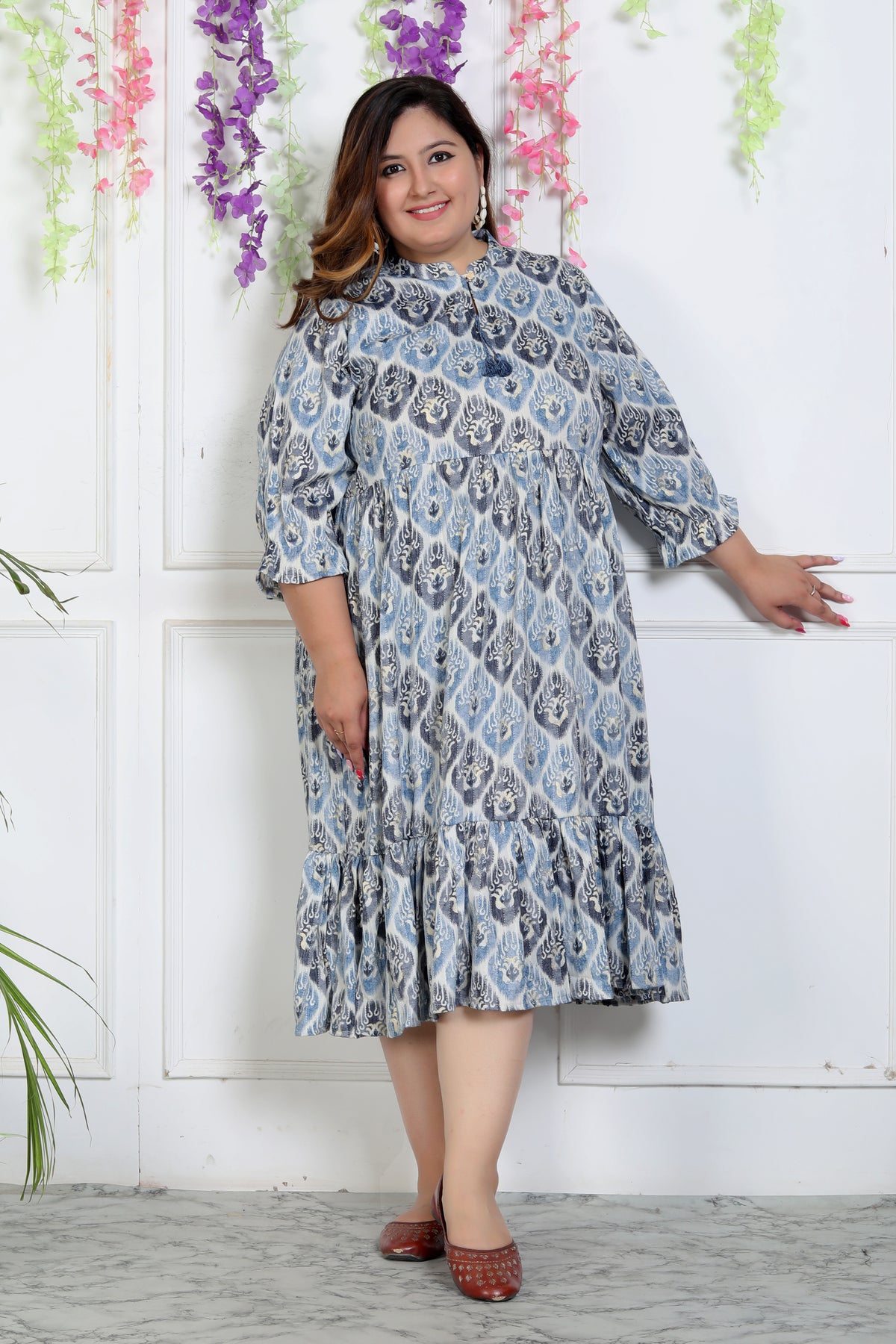 Plus Size Blue Cotton Blend Flared Frock Style-600004