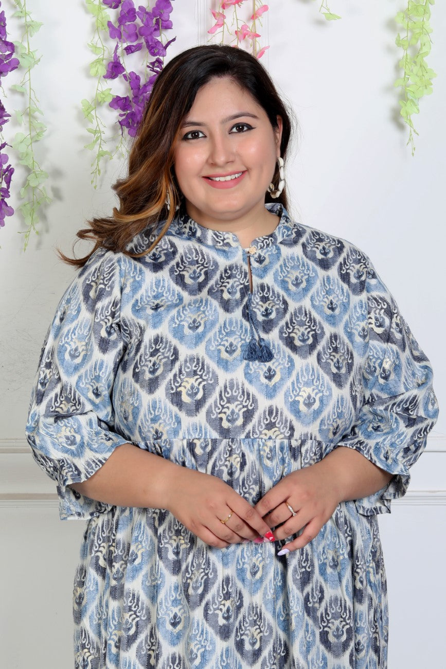 Plus Size Blue Cotton Blend Flared Frock Style-600004