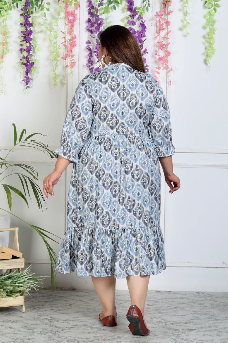Plus Size Blue Cotton Blend Flared Frock Style-600004