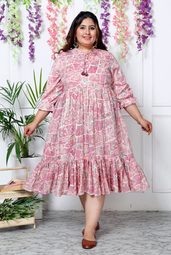 Plus Size Pink Cotton Blend Flared Frock Style 600005 Swasti Clothing