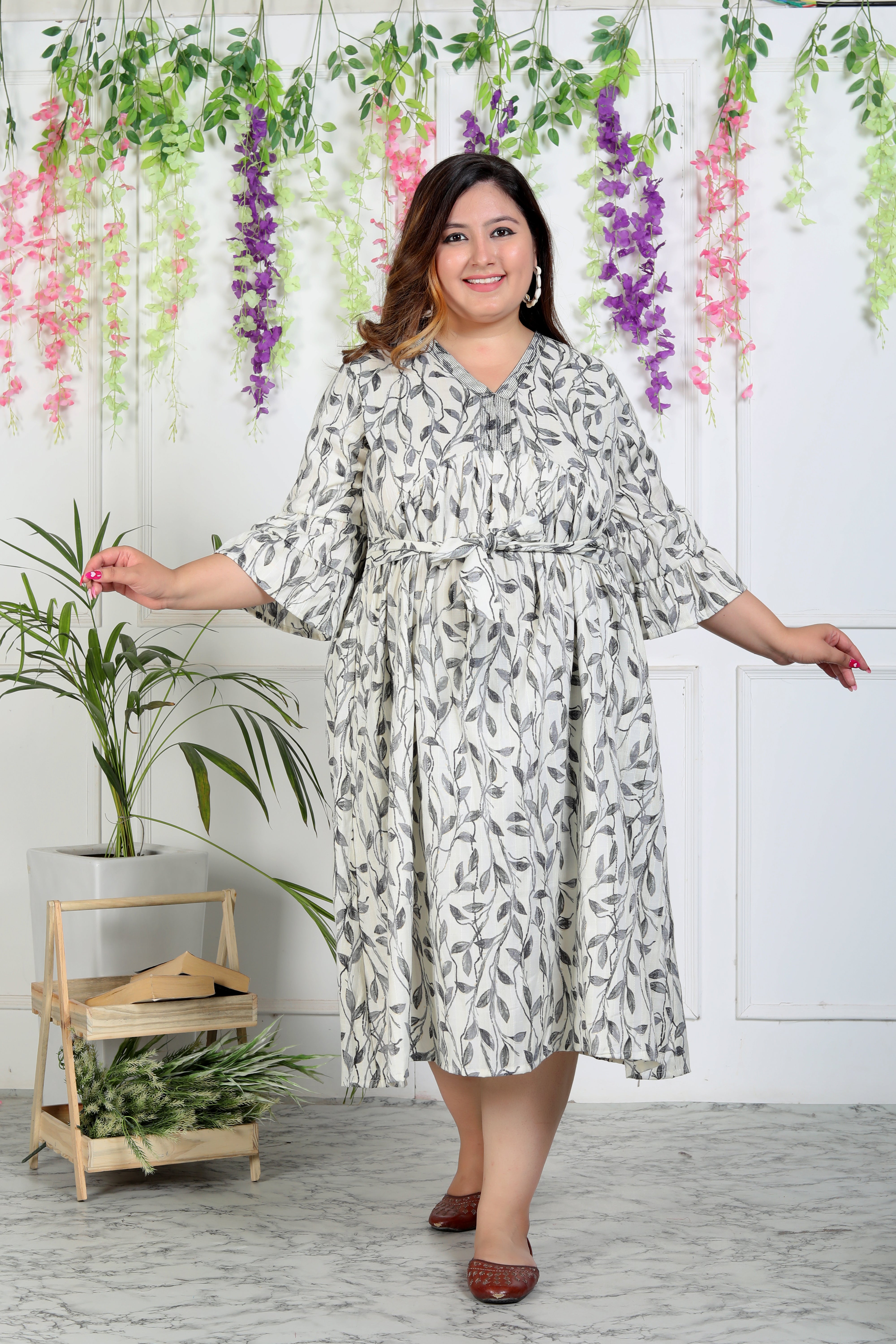 Plus Size White Cotton Blend Flared Frock Style-600006